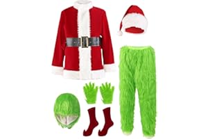 VIONMI Christmas Costume for Men Adult Santa Claus Suit 7PCS Green Furry Monster Deluxe Xmas Halloween Cosplay Outfit