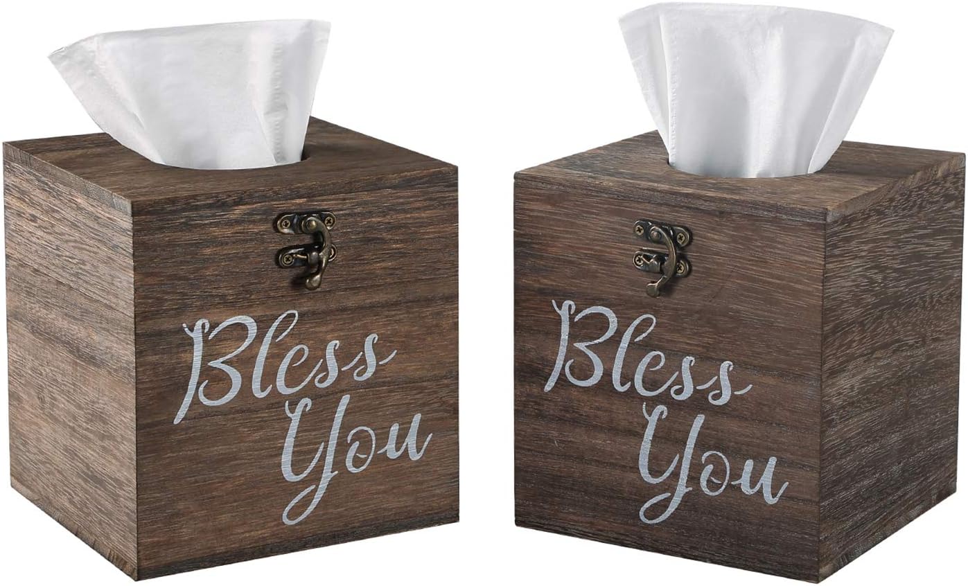 Bless You Tissue Box Cover, Wood Tissue Box Cover Square, Farmhouse Toilet Paper Holder, or Napkin Dispenser (Dark Brown)