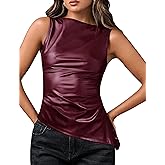 DAOAO Faux Leather Tops for Women Asymmetrical Hem PU Ruched Fitted Cute Going Out Tank Shirts