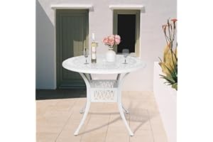 W WARMHOL Outdoor Cast Aluminum Patio Table, 35.4” Round Bistro Table with 2” Umbrella Hole for Patio Furniture Garden Deck Backyard, White
