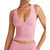 YFANG Women's Summer Deep V-Neck Ruched Crop Tank Top Sexy Sleeveless Double Lined Crop Top