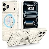 KANGHAR for iPhone 17 Pro Max Case, Cute Polka Dot Phone Cover with Kickstand & Adjustable Finger Strap, Full Camera Protection, Shockproof Protective Magnetic Cover - White