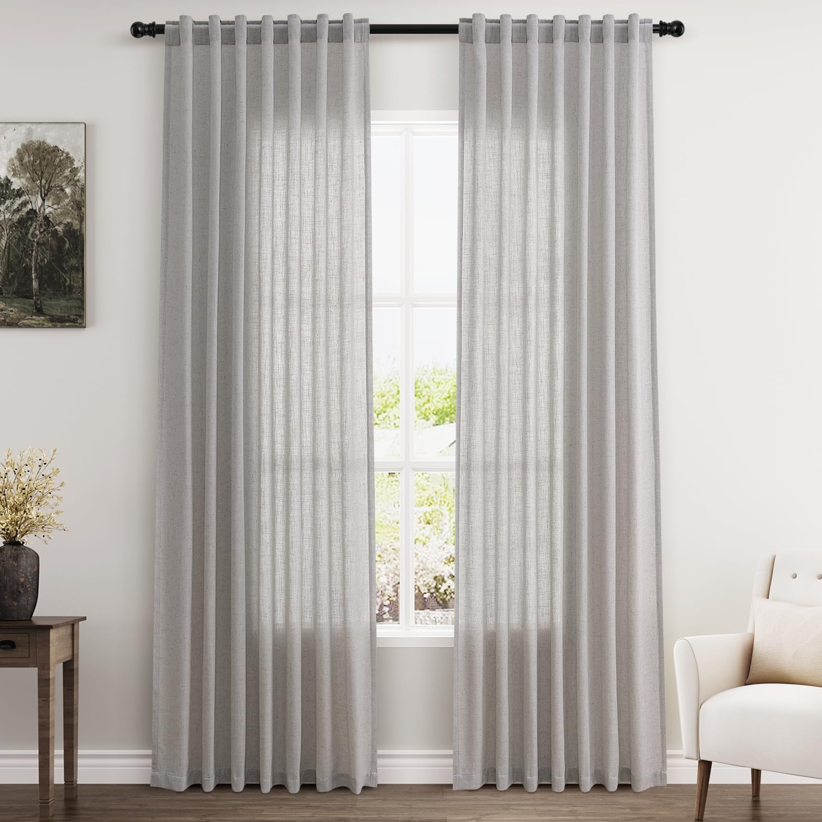 Photo 1 of Silver Birch Linen Curtains 84 Inches Long for Bedroom Back Tab Light Filtering Privacy Sheer Curtains Modern Farmhouse Decor Silver Birch Cotton Textured Curtain for Living Room 2 Panels 52x84