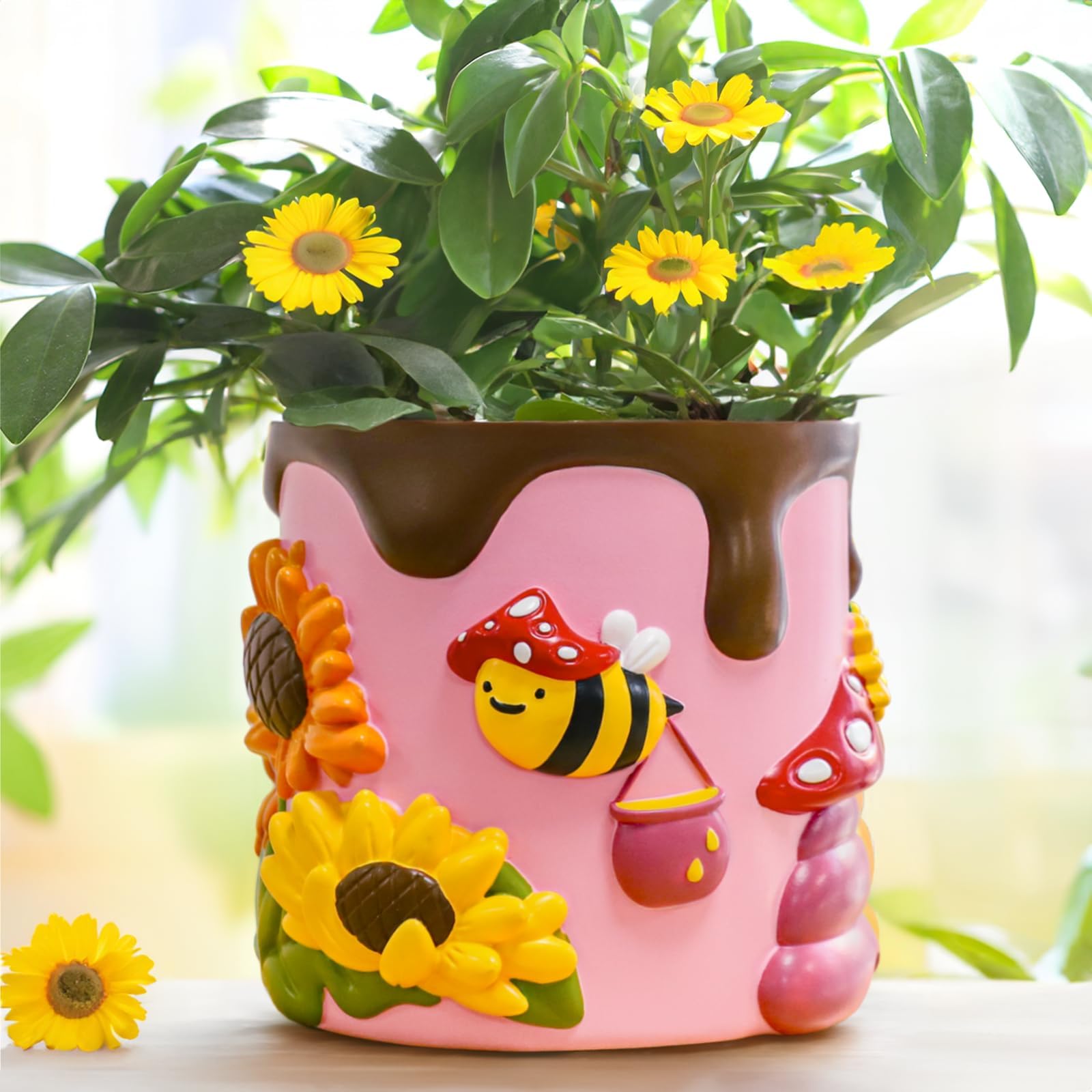 AmiCera Colourful Bee Sunflower Plant Pots, Cute Unique Flower Pot for Indoor plants, Rainbow Small Mushroom Succulent Planter Pot with Drainage, Funny Eclectic Garden Gifts for Plant Lovers, Pink