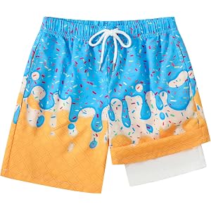 Boys Swim Trunks with Compression Liner Ice Cream Shorts Bathing Suit Kids Beach Board Shorts