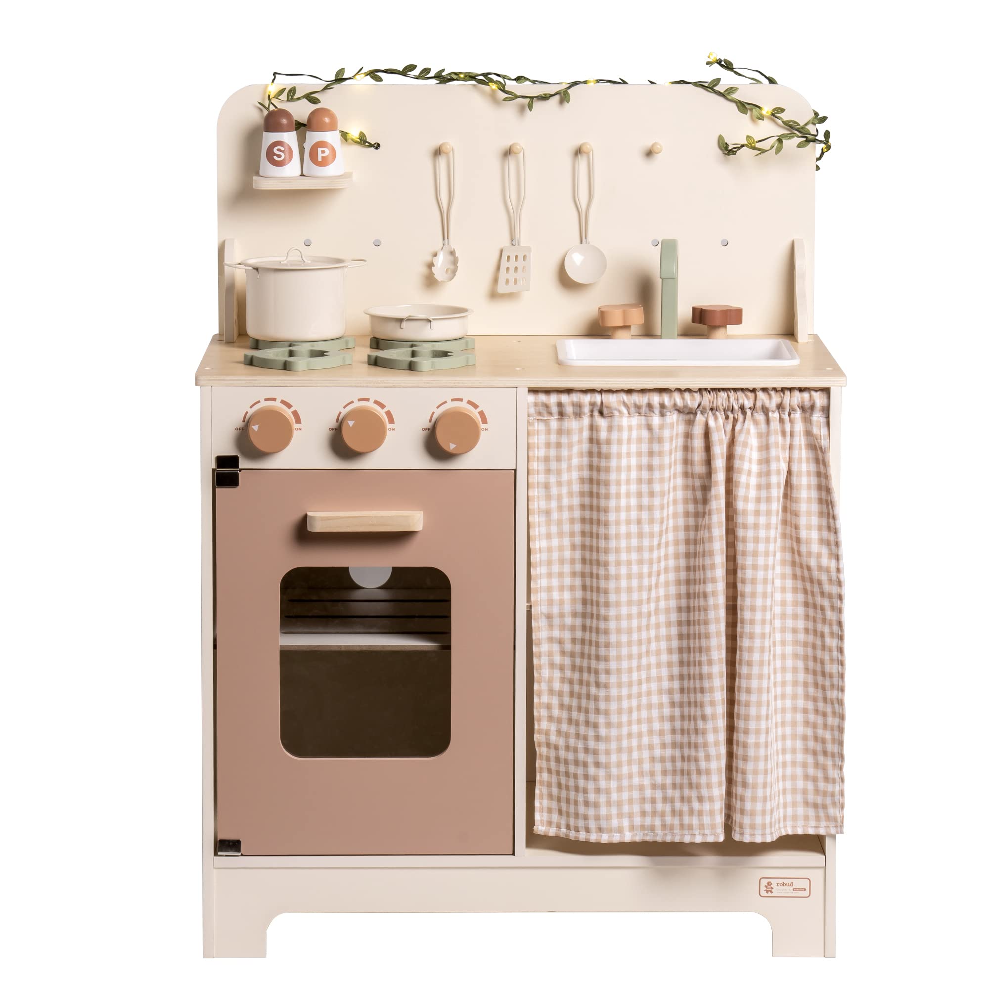ROBUD Wooden Play Kitchen, Kids Toy Kitchen with Accessories, Oven, Utensils, Apron, Gloves, Children's Pretend Play Toys Gifts for Girls Age 3+ (Creamy Rose)