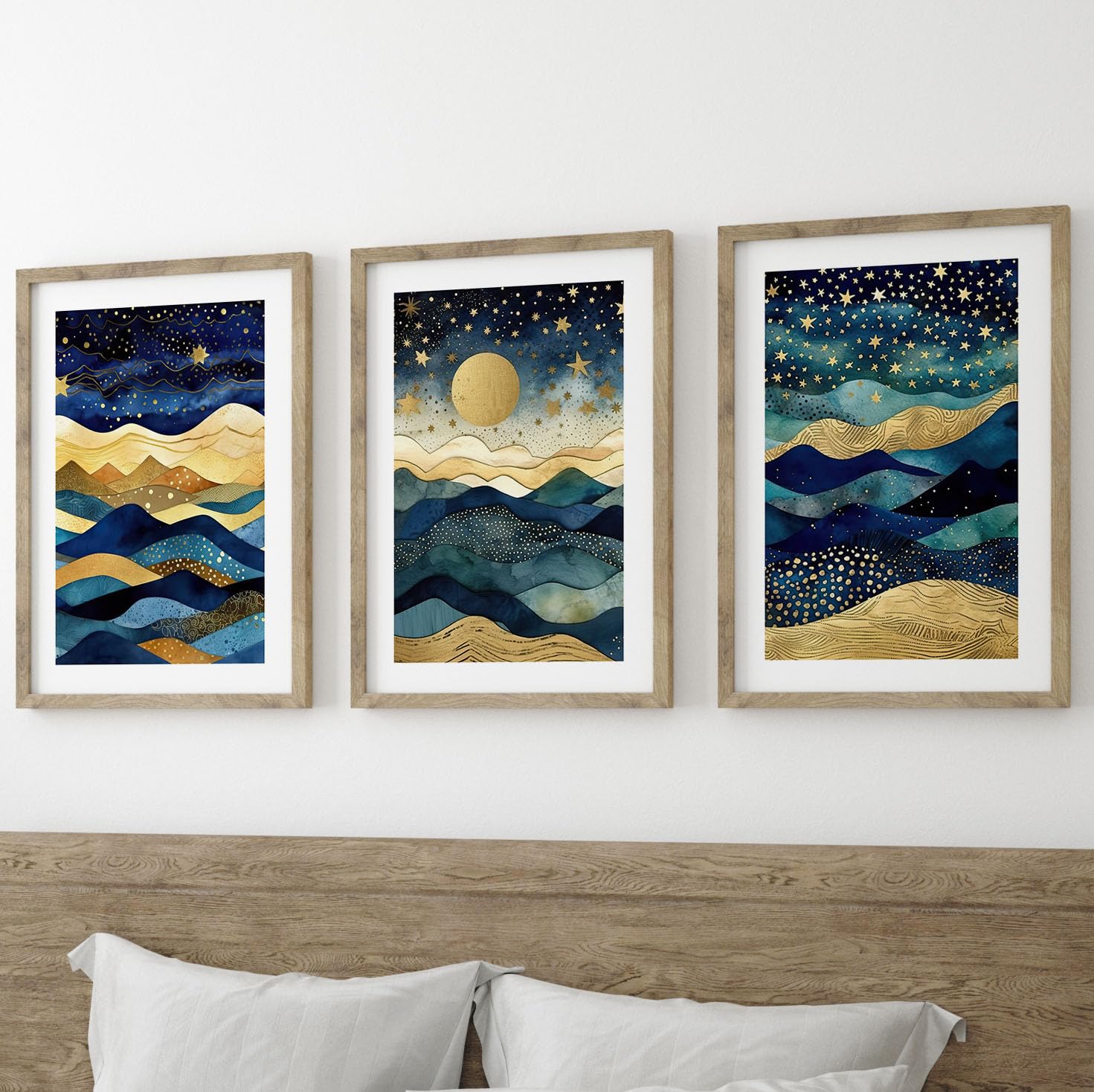 Arabian Nights Abstract Landscape Set of 3 Unframed Wall Poster Prints, Digitally Printed Abstract Style, Lounge Bedroom Kitchen Home Decor, Desert Dunes Starry Skies, Midnight Blue Teal Gold (A3)