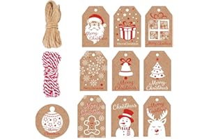 WESGEN 100 Pack Brown Kraft Paper Christmas Gift Tags， Xmas Brown Kraft Gift Tags with Jute Twine Baker Twine for DIY Xmas Holiday Present Wrap Stamp and Label Package Name Card