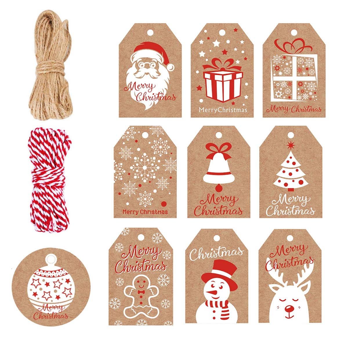 View 1 of 100 Pack Brown Kraft Paper Christmas Gift Tags? Xmas Brown Kraft Gift Tags with Jute Twine Baker Twine for DIY Xmas Holiday Present Wrap Stamp and Label Package Name Card