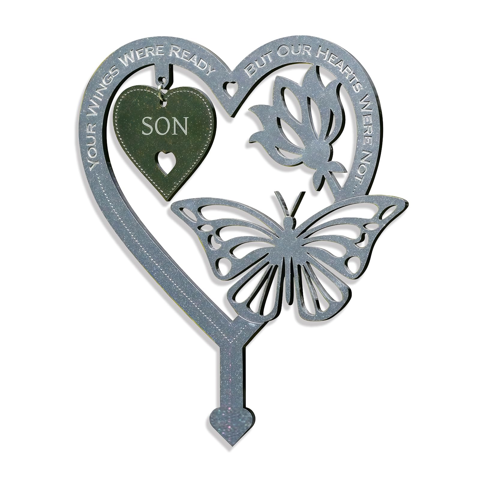 Garden Memorial Plaque for Son Garden Stakes Grave Markers Cemetery Weatherproof Inserted Yard Sign Heart Shaped With Butterfly Flower Ornament Memorial Plaques and Garden Signs Present
