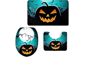 HUGS IDEA Halloween Pumpkin Bathroom Rug Set Included Pedestal Rug + TID Toilet Cover + Bath Mat 3 PCS