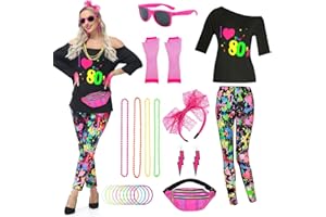 80s Costume Outfits for Women, 1980s Fancy Dress with T Shirt Pantalon Accessories Sets for Carnival