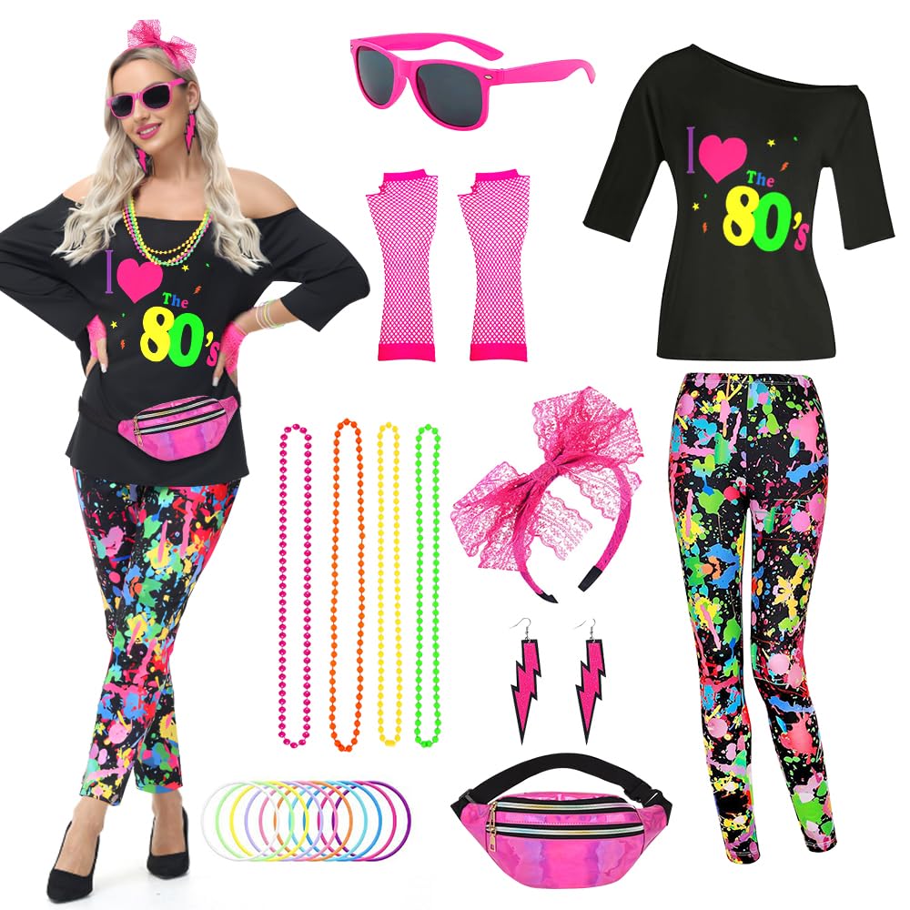 TOLOYE 80s Fancy Dress for Women, 80s Costume Outfit with Neon Accessories, 1980s T Shirt Pantalon Fanny Pack, 80s Disco Fancy Dress, 80's Vintage Hippie Costume for Carnival Party — image 1