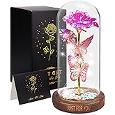 WOKEISE Valentines Day Gifts for Her, Light Up Rose Butterfly in Glass Dome, Birthday Anniversary Flowers Lighted Roses Gifts for Women,Wife,Mom, Grandma,Girlfriend,Girls,Sister-Pink