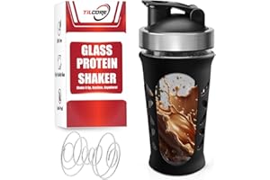 Tilcore Glass Protein Shaker Bottle for Protein Mixes and Shakes - 635ml 20oz, BPA-Free Shake Bottle, Leak-Proof Glass Shaker Blender - Mixer for Gym, Durable Shaker