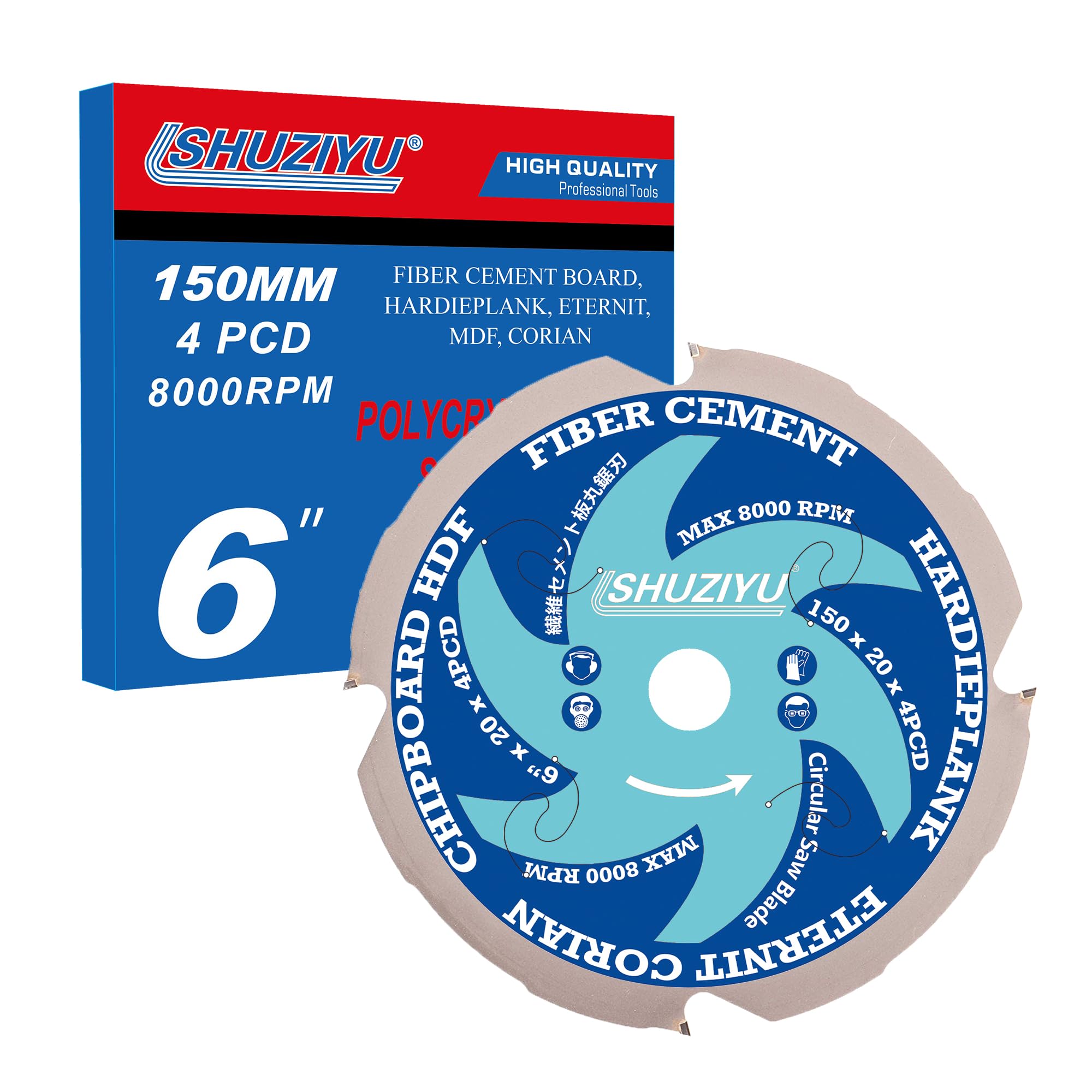 LSHUZIYU 150mm-4PCD, Centre hole 20mm, Polycrystalline Diamond Tipped 4 PCD, Hardie blade, Fiber Cement Board Circular Saw Blade