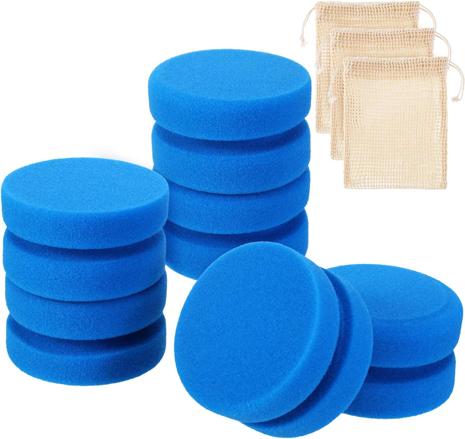 6 Pieces Paint Sponge Applicator Blue Detail Sponge Circular Painting Sponges with 3 Pieces Mesh Storage Bags Hang Dry Bags for Craft Projects