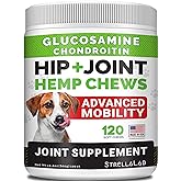 Hemp Treats - Glucosamine Dog Joint Supplement + Omega 3 - w/Hemp Oil - Chondroitin, MSM - Advanced Mobility Chews - Joint Pa