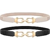 LEACOOLKEY 2 Pack Women Skinny Stretch Belts for Dress Ladies Elastic Thin Waist Belt with Gold Buckle