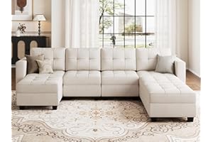 Belffin Modern U-Shaped Modular Sectional Sofa with Storage Seats, 7 Seats Sleeper Couch with Reversible Chaise, Velvet Modular Oversized Sectional with Ottomans, Beige