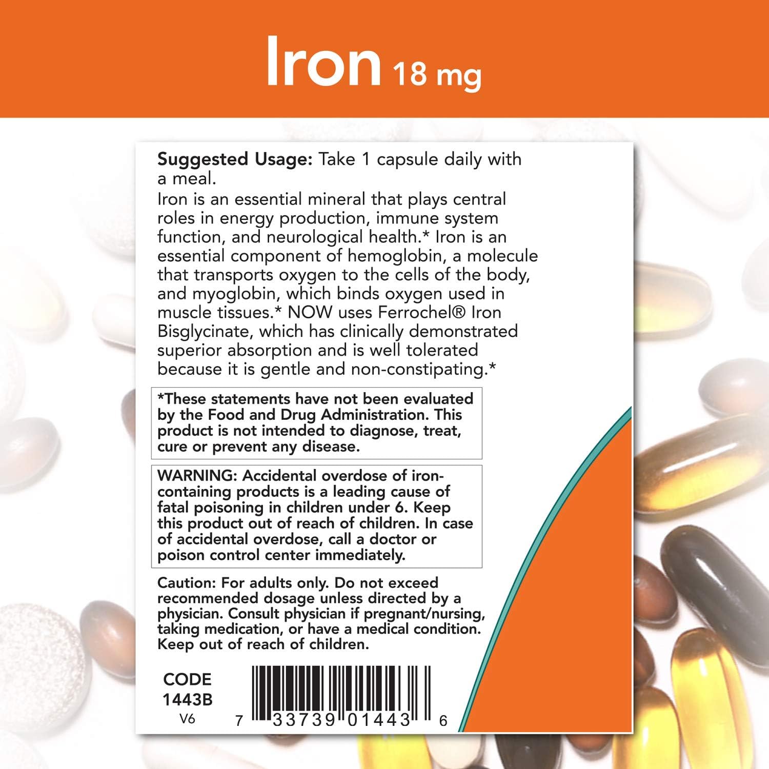NOW Supplements, Iron 18 mg, Non-Constipating*, Essential Mineral, 120 Veg Capsules: Health & Personal Care