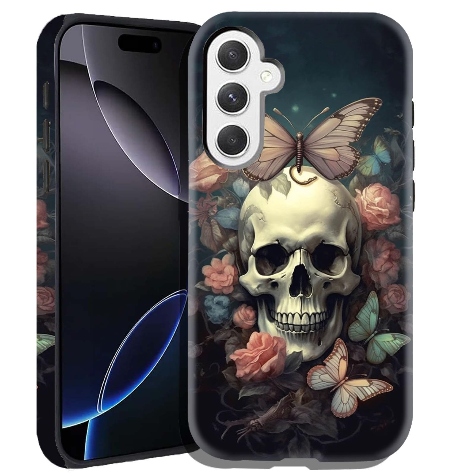 DHEEBFWE Heavy-Duty Protective Case for Samsung Galaxy S25 Plus 6.7",Dual-Layer PC + TPU, Anti-Scratch, Shock-Absorbent, 2-in-1 Full Protection,Butterfly Skull Flower
