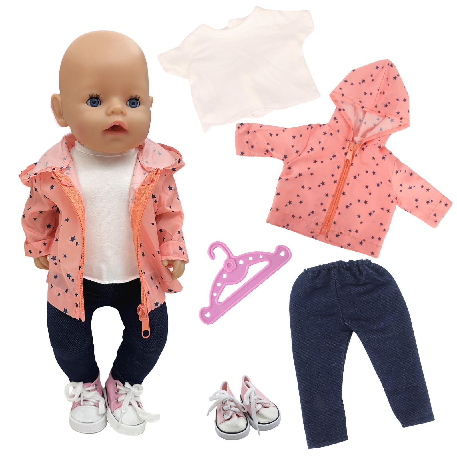 5 Pcs Doll Clothes Outfits for 14-18 Inch Baby Dolls, 35-45cm Cute Doll Accessories with Star Hoodie T-Shirt Pants Canvas Shoes Hanger, Birthday for Girls(No Doll)