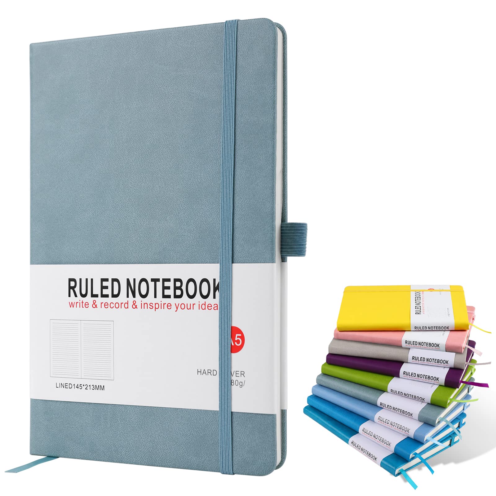 A5 Notebook, Journal Note Pad 200 Pages 80 GSM Journal Notebook Hardback Notepad with Lined Pages, Pen Loop and Expandable Paper Pocket, Journal Notepad Note Book- Gray Blue