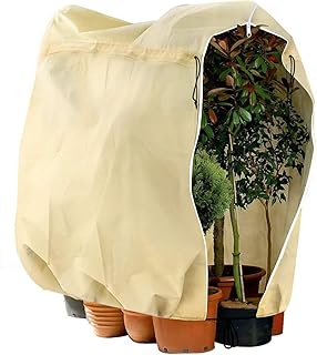 Telgoner Winterschutz für Pflanzen, Frostschutz Kübelpflanzensack Groß für kübelpflanzen mit Reißverschluss Zugband, Winter Pflanzenschutzsack Pflanzenabdeckung Frostschutz Vlies,120x180 cm, Beige