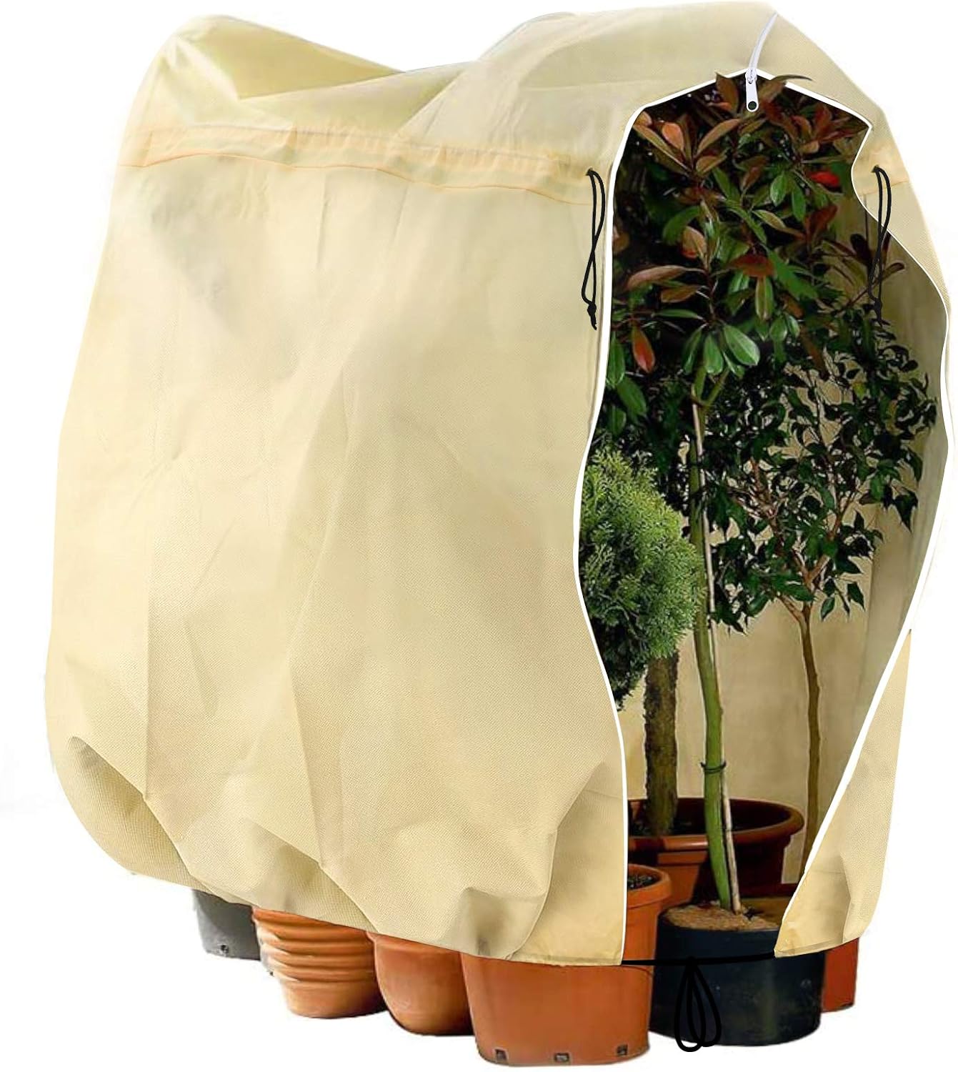 Telgoner Winterschutz für Pflanzen, Frostschutz Kübelpflanzensack Groß für kübelpflanzen mit Reißverschluss Zugband, Winter Pflanzenschutzsack Pflanzenabdeckung Frostschutz Vlies,120x180 cm, Beige