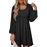 Dokotoo Womens 2026 Casual Dresses Smocked Crewneck Button Up Long Sleeve Empire Waist A-Line Mini Dress