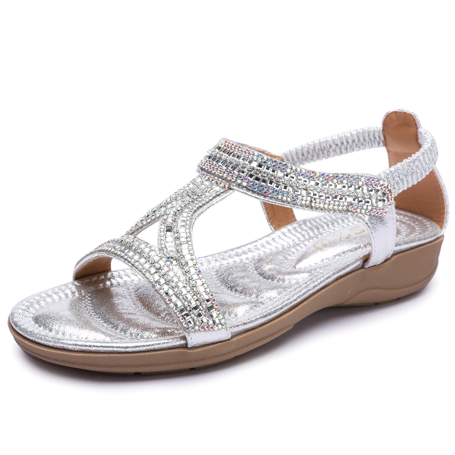 Odema Womens Glitter Flat Sandals Rhinestone Open Toe Slip-on Dress Shoes - Image 4