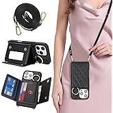 DEYHU for iPhone 16 Pro Max Case with Card Holder and Strap for Women,Crossbody Lanyard, Make Up Mirror,Ring Stand,Snap Clasp,Cute Phone Wallet Cases 6.9 inch - Black