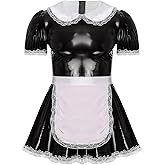 Jugaoge Mens French Maid Role Play Costumes Puff Sleeve Outfit Solid Latex Flared Dress with Apron