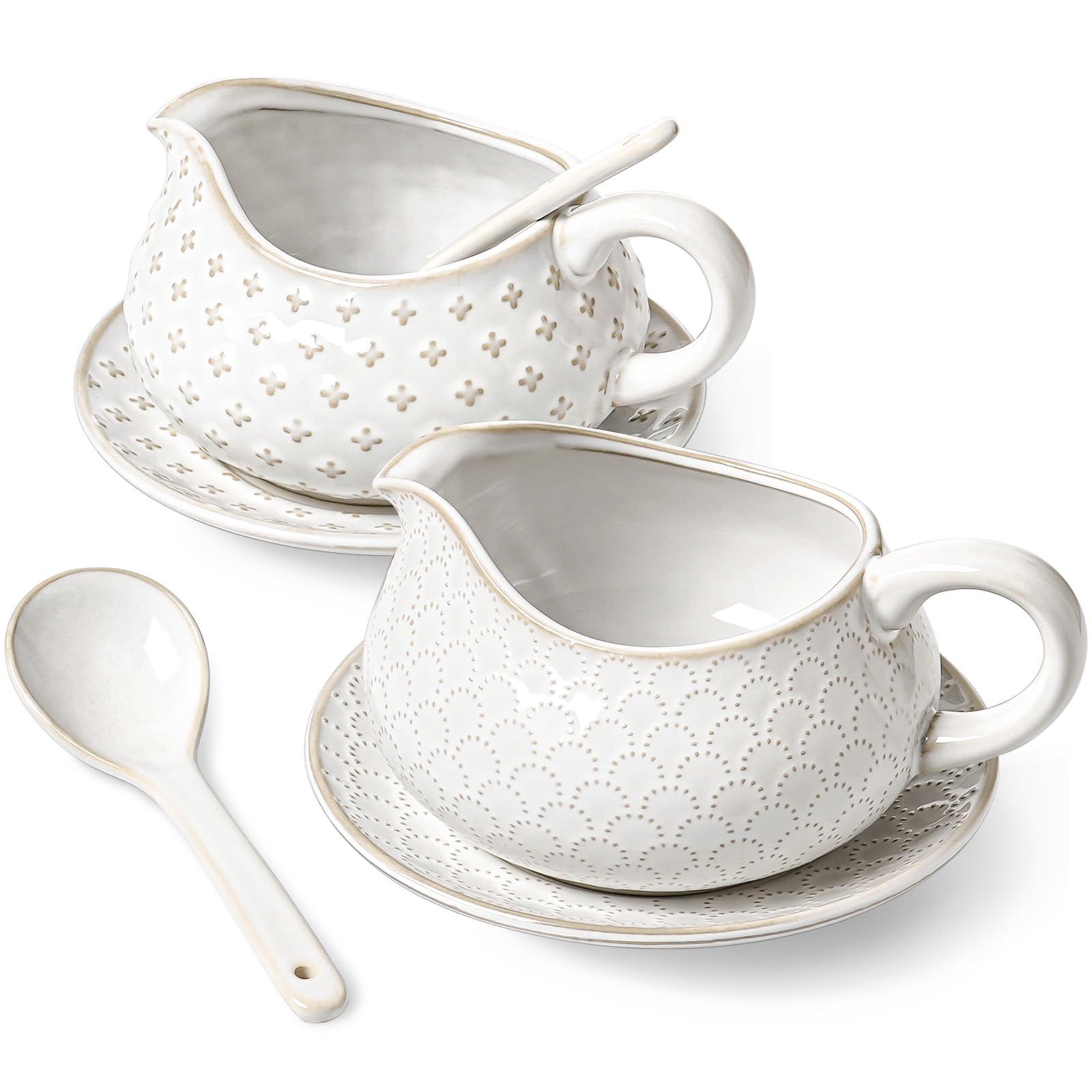 Photo 1 of LE TAUCI Gravy Boat with Ladle and Saucer Stand 24oz, Ceramic Sauce Boat with Tray for Salad Dressings, Creamer, Broth, Black Pepper, Set of 2, Arctic White, Firework+Clover