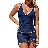 Saodimallsu Womens Tummy Control Tankini Swimsuits 2 Piece V Neck Criss Cross Drawstring Skort Bottom Bathing Suits