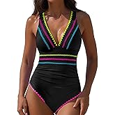 popvil One Piece Swimsuits for Women 2026 Tummy Control Neon Bathing Suit with Adjustable Strap