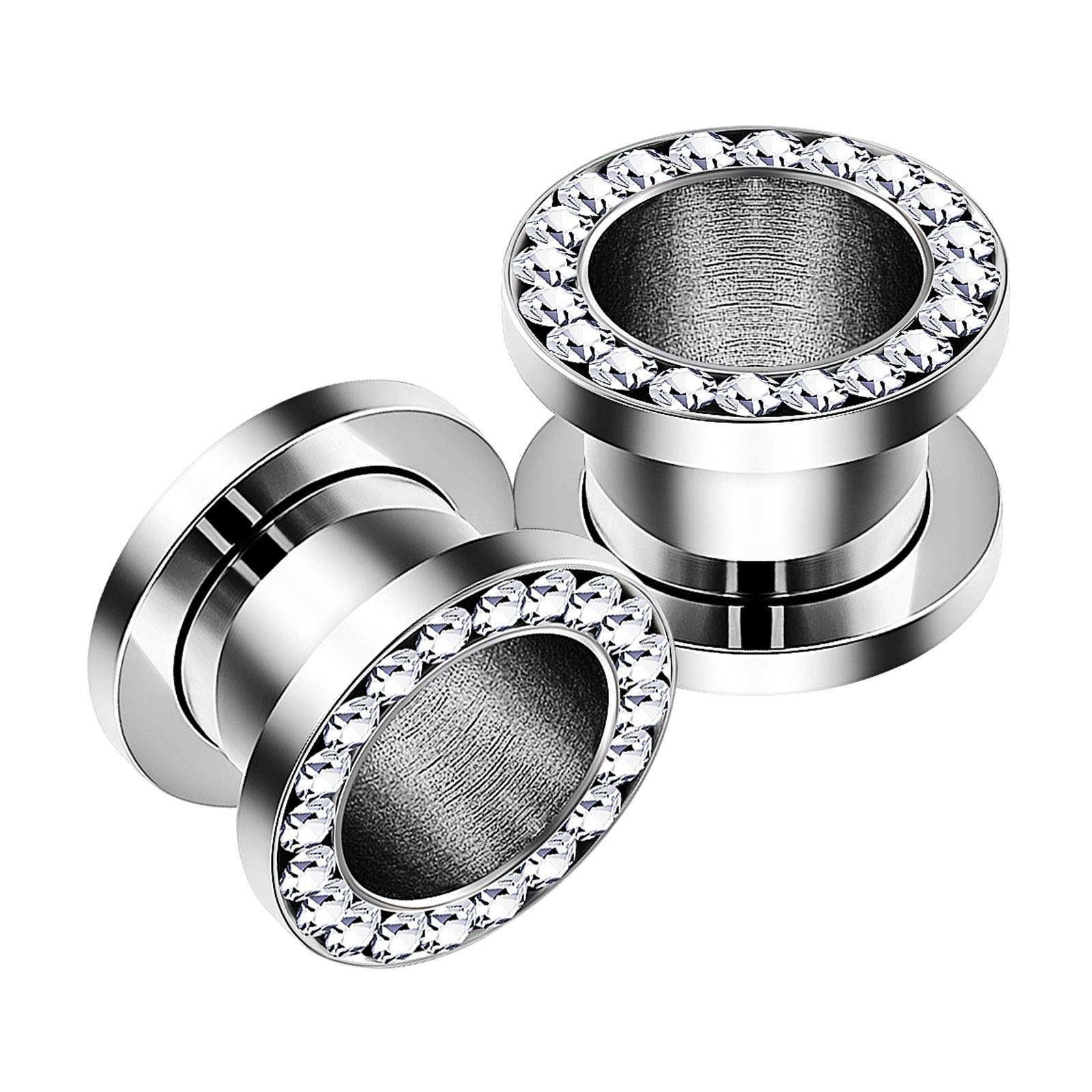BanaVega 2PCS Stainless Steel 00g 10mm Flesh Clear Crystal Studded Rim Ear Stretcher Lobe Gauge Tunnel Plug Piercing Jewellery 5381