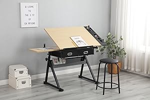 LOPOO Height Adjustable Drafting Table, Artist Desk with Tilting Tabletop for Watercolor Painting, Sketching, and Crafting, Art and Craft Desk Work Station with 2 Storage Drawers and Stool, Black-Oak