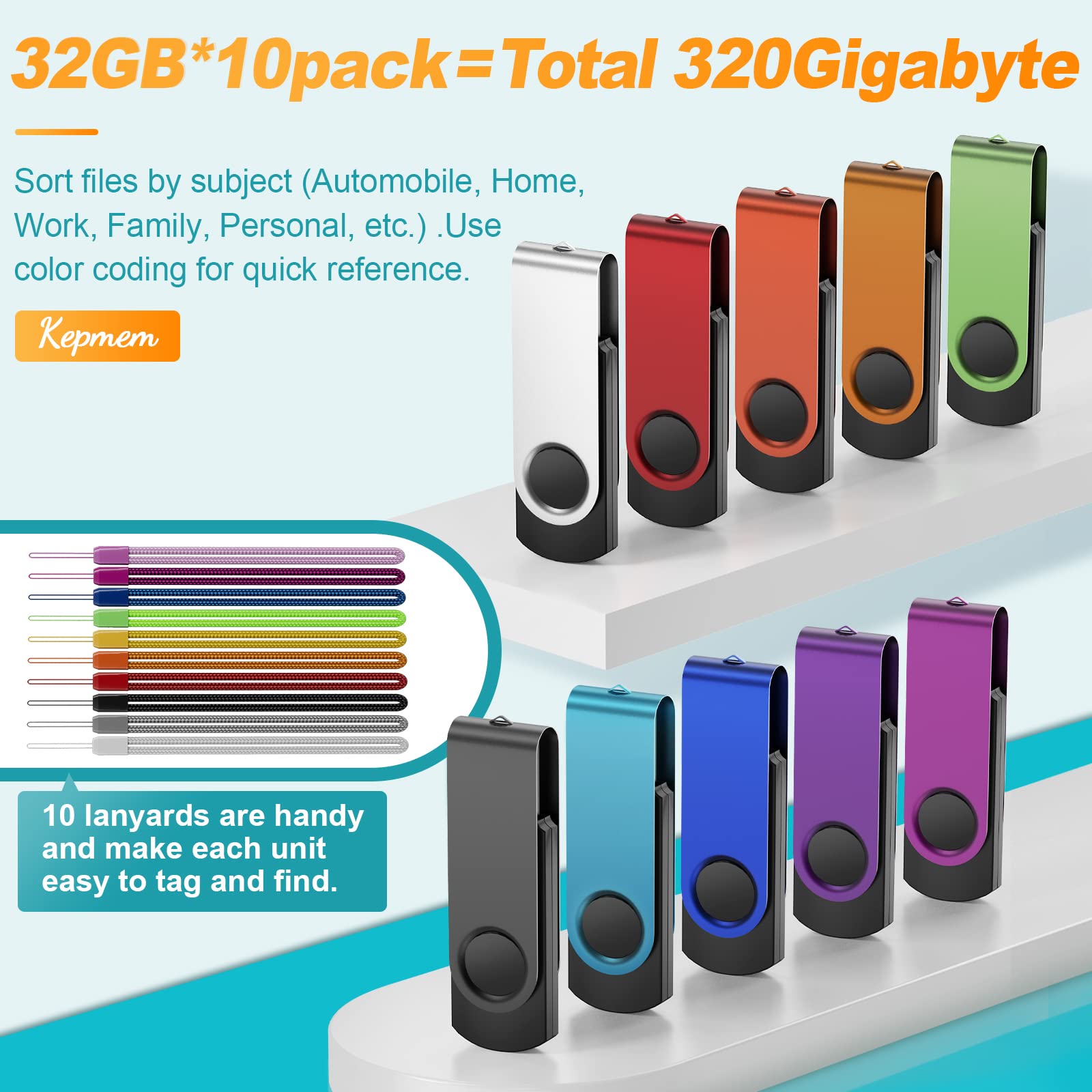 Kepmem 32GB USB Stick Pack of 10 USB 2.0 Memory Sticks Bulk, Metal 32 Giga Flash Drive Swivel Pendrive Portable Keychain Pen Drives 32 GB Colorful Multipack U Disk for Data Storage Paper Works