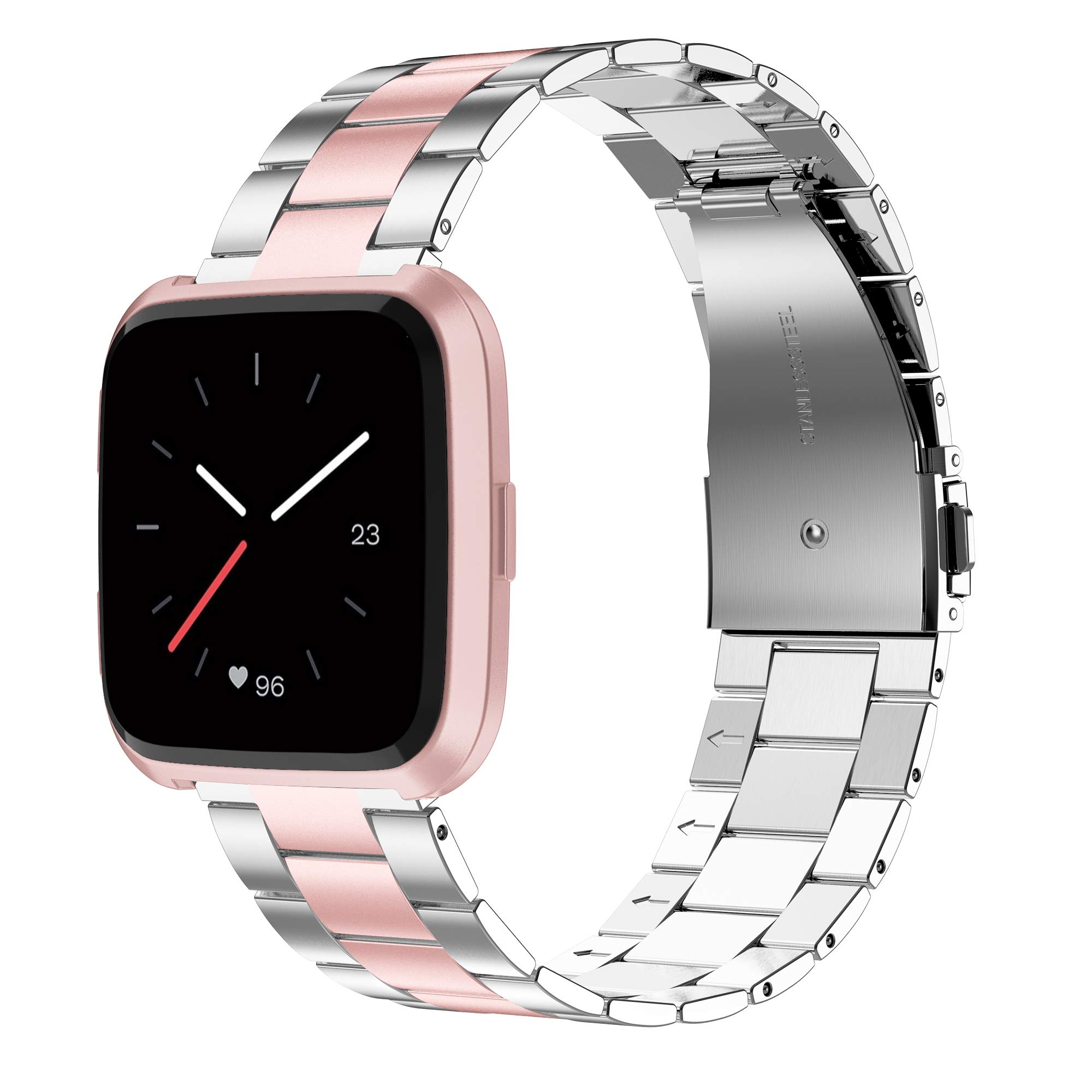 Photo 1 of Wearlizer Stainless Steel Band Compatible for Fitbit Versa/Versa 2/Versa Lite Bands Women Men,Ultra-Thin Lightweight Replacement Band Strap Bracelet Compatible for Fitbit Versa (RoseGold+Silver)