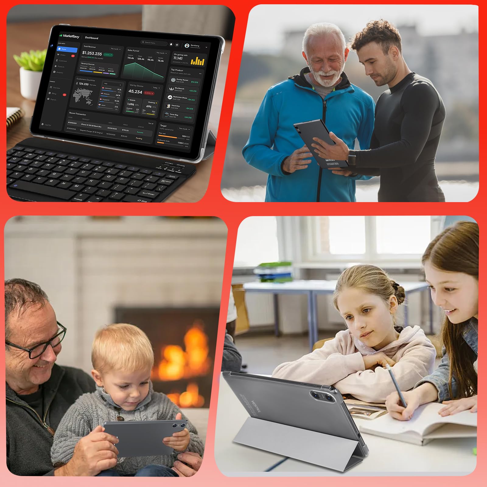 SKYEGG Android 14 Tablet 10.1 inch Tablets,20GB RAM 128GB ROM 1TB Expand,Octa-Core Processor,Dual Camera,WiFi 6,Bluetooth 5.0,6000mAh Long Battery Life with Keyboard/Mouse-Grey