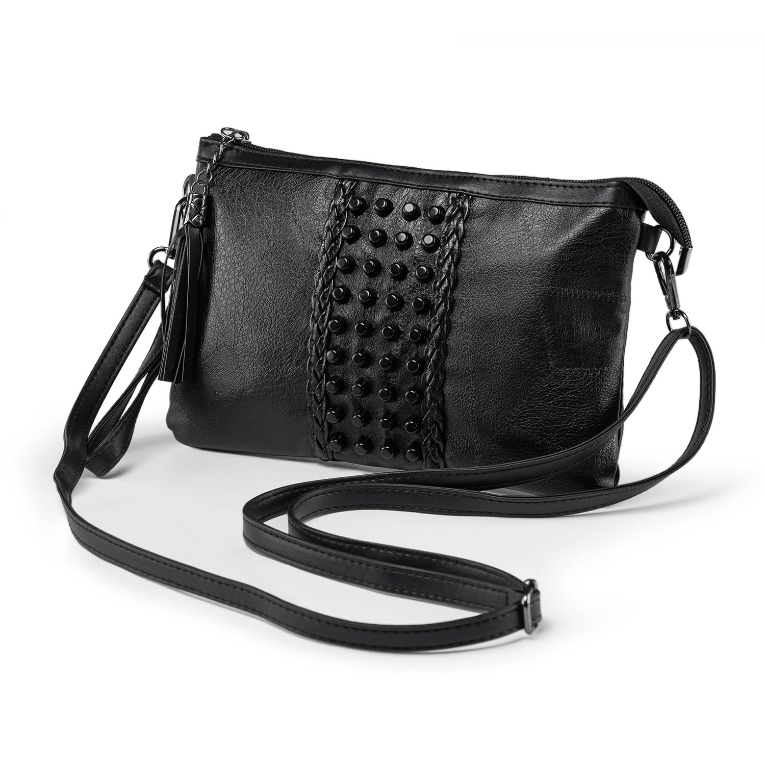 LaRechor PU Leather Small Handbags for Ladies Tassel Cross Body Shoulder Bag Rivets Wristlet Clutch for Women Travel Evening Party Wedding Black