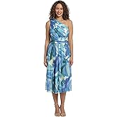 London Times Women's Ruched One Shoulder Mesh Midi Dress Guest of Occasion Wedding Event