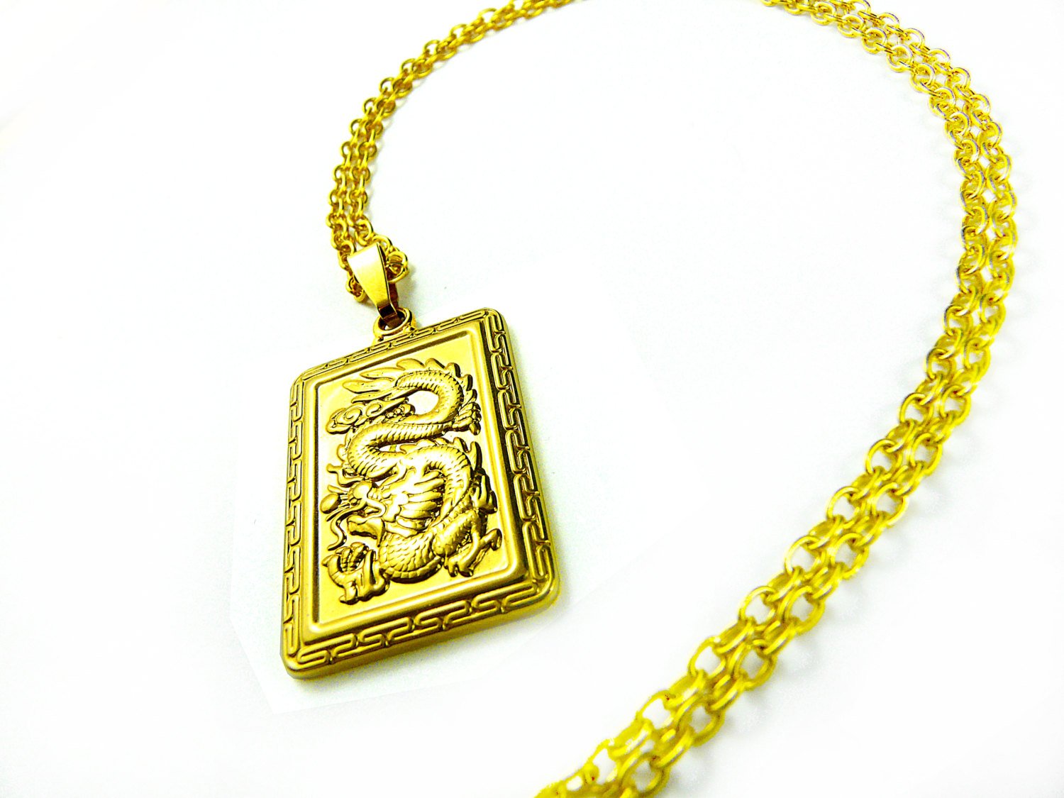 Gold Dragon Pendant, Mens Gold Necklace, Gold Chain, Dragon