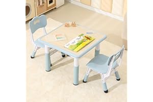 Hulaibit Kids Table and 2 Chairs Set, Height Adjustable Toddler Table and Chairs with Anti-Slip Foot Covers, Graffiti Desktop Arts & Crafts Table for Daycare, Classroom