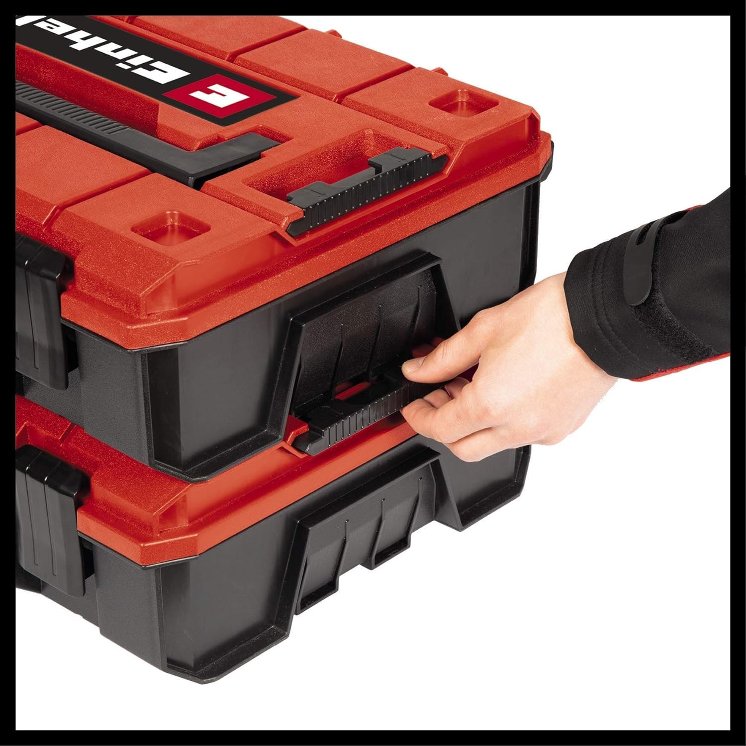 Einhell Systemkoffer E-Case S-F (für universelle Aufbewahrung von Werkzeug, 44x32x13 cm Außenmaße, max. 25 kg Beladung, spritzwassergeschützt, stapelbar, inkl. 9 Kunststofffächer) 6