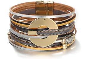 KSQS Multi-layer Leather Wrap Cuff Bracelet, Boho Wide Braided Buckle Bracelets for Women, Waterproof Leather Wristband Bangles