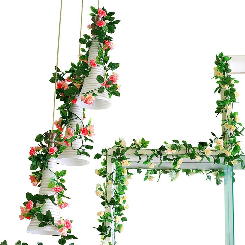 7.5FT Artificial Flower Rose Garland Vine with Green Leaves Fake Hanging Plant Flower Garland For Wedding Party Garden Wall Valentine Decoration (White - Image 3