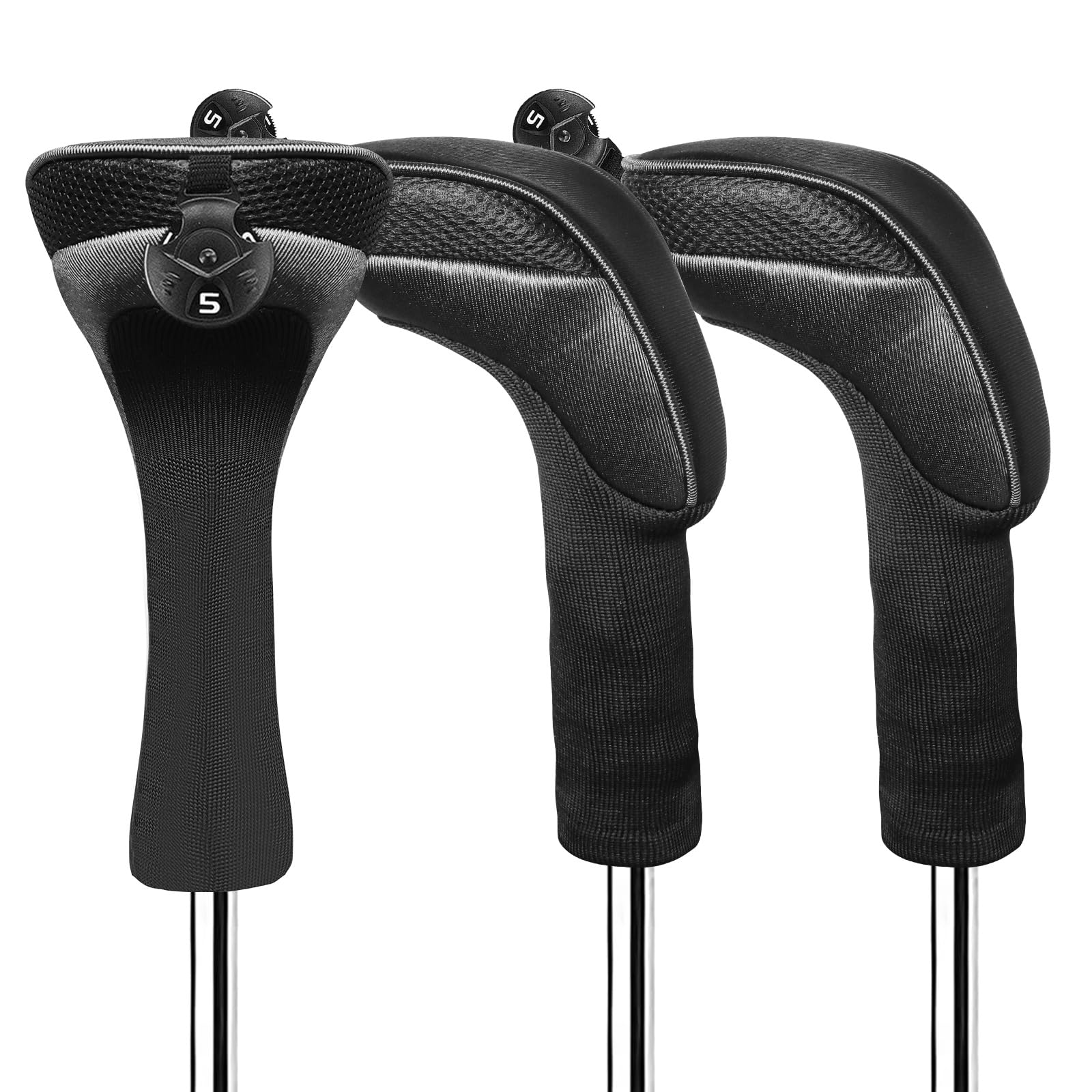 FINGER TEN Golf Club Head Covers Woods Hybrids Long Cover, Headcovers with Interchangeable No. Tags Fit All Hybrids Wood Clubs Light Durable (Dark-3 Pack Hybrid Covers)